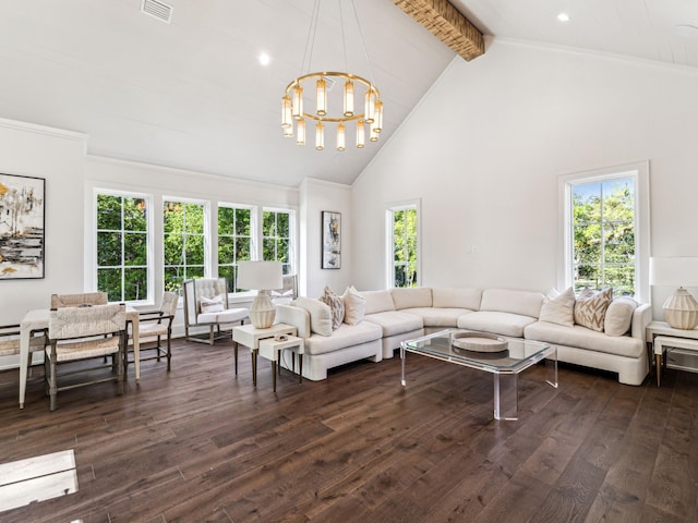 335 Churchill Oaks Dr, Santa Rosa Beach, FL 32459 - living area featuring beam ceiling, dark wood finished floors, visible vents, a chandelier, and high vaulted ceiling