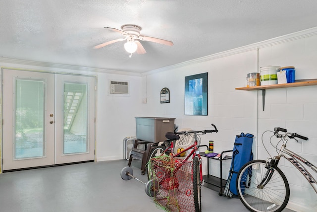 8520 Gulf Blvd # Ut-39, Navarre, FL 32566 - misc room with french doors, ornamental molding, a textured ceiling, finished concrete flooring, and a ceiling fan