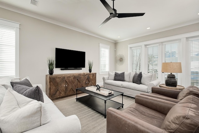 107 Grande Pointe Dr, Inlet Beach, FL 32461 - living room with a ceiling fan, crown molding, recessed lighting, and light wood-style flooring