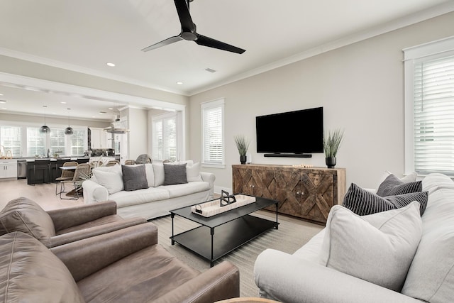 107 Grande Pointe Dr, Inlet Beach, FL 32461 - living area featuring a ceiling fan, crown molding, and recessed lighting