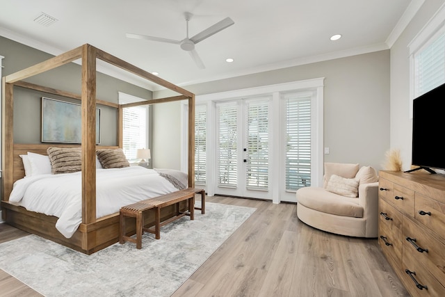 107 Grande Pointe Dr, Inlet Beach, FL 32461 - bedroom with access to exterior, multiple windows, crown molding, light wood-style flooring, and recessed lighting