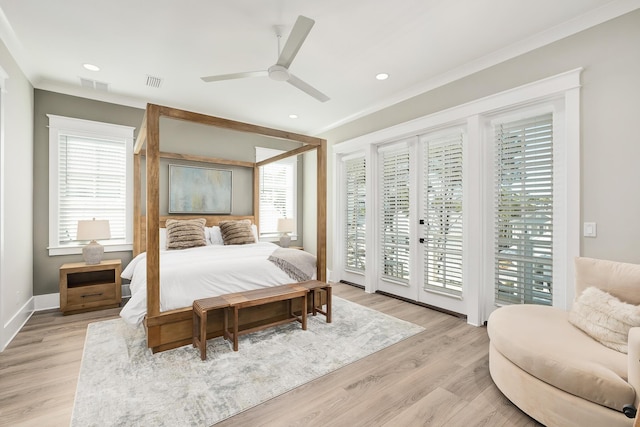 107 Grande Pointe Dr, Inlet Beach, FL 32461 - bedroom featuring access to outside, light wood-type flooring, crown molding, a ceiling fan, and baseboards