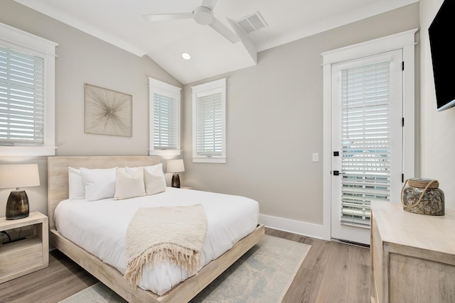 107 Grande Pointe Dr, Inlet Beach, FL 32461 - bedroom with multiple windows, light wood finished floors, lofted ceiling, baseboards, and ceiling fan