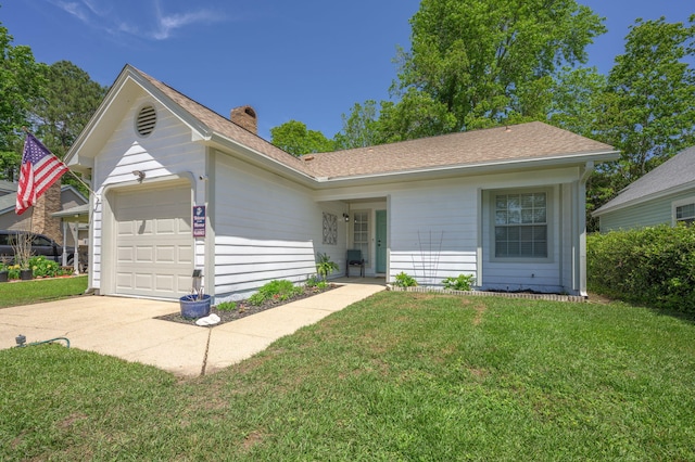 2527 Georgetown Ln, Fort Walton Beach, FL 32547 - ranch-style home with roof with shingles, a front lawn, driveway, a chimney, and an attached garage