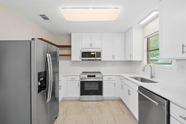 3335 Rolling Hills Cir, Bonifay, FL 32425 - kitchen featuring open shelves, white cabinets, visible vents, stainless steel appliances, and a sink