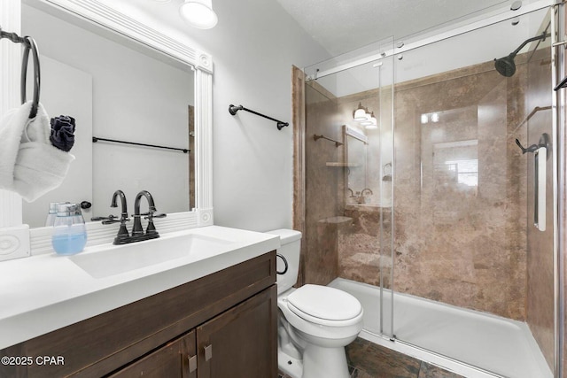 full bathroom featuring a shower stall, vanity, and toilet