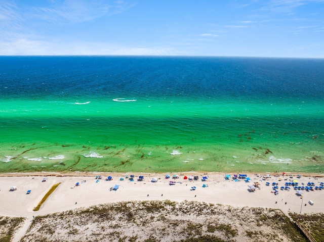 drone / aerial view with a water view and a view of the beach