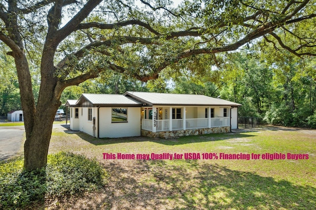 1259 Black Creek Blvd, Freeport, FL 32439 - ranch-style home featuring covered porch, a front lawn, and metal roof