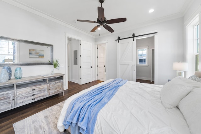 205 Mallard Ln, Santa Rosa Beach, FL 32459 - bedroom with a barn door, recessed lighting, wood finished floors, ornamental molding, and baseboards