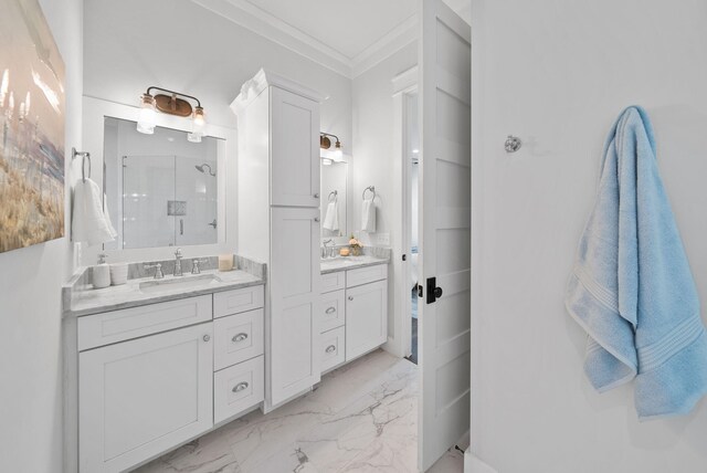 205 Mallard Ln, Santa Rosa Beach, FL 32459 - bathroom featuring a shower stall, a sink, marble finish floor, ornamental molding, and two vanities