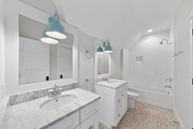 205 Mallard Ln, Santa Rosa Beach, FL 32459 - full bathroom featuring two vanities, a sink, lofted ceiling, and tub / shower combination