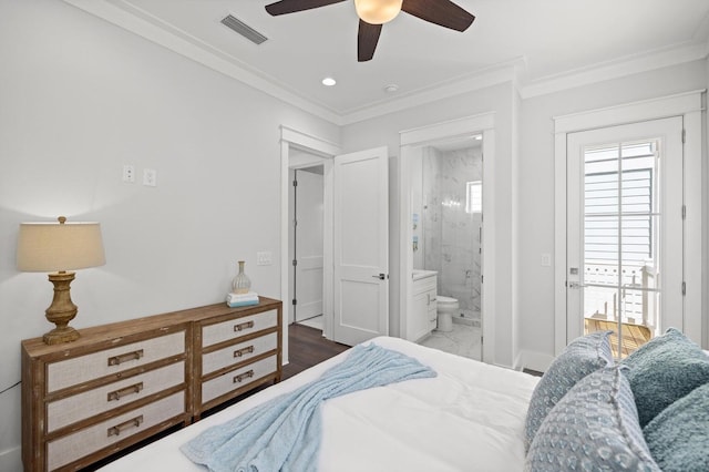 bedroom featuring crown molding, ceiling fan, visible vents, ensuite bathroom, and marble finish floor