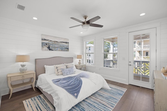 bedroom featuring recessed lighting, wood finished floors, access to outside, visible vents, and a ceiling fan