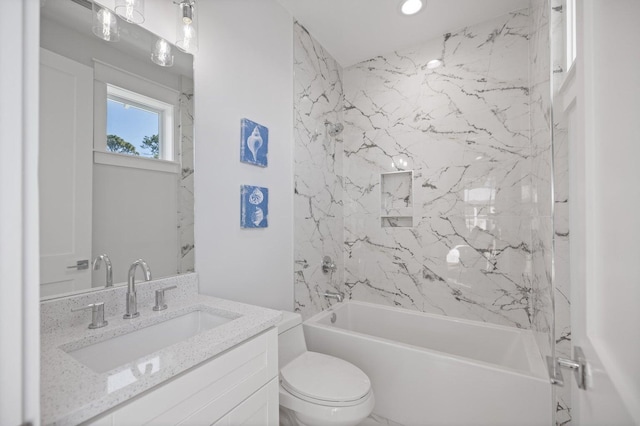 bathroom featuring recessed lighting, toilet, shower / tub combination, and vanity