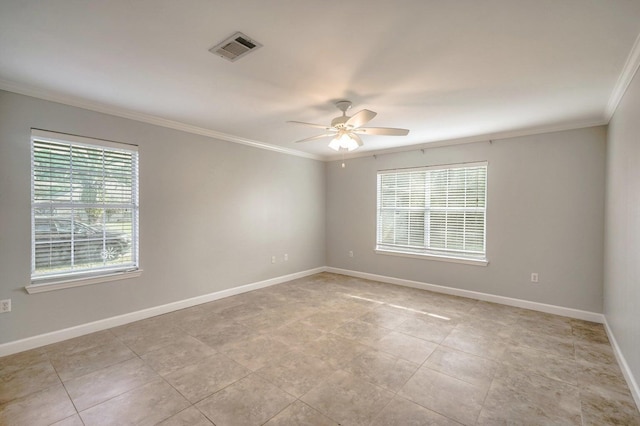 spare room featuring baseboards, visible vents, a ceiling fan, ornamental molding, and light tile patterned floors