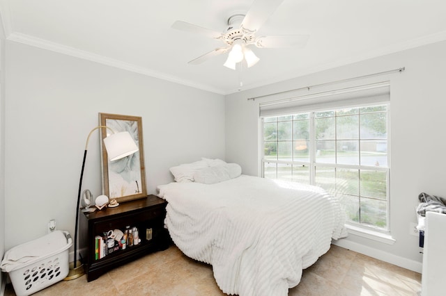 bedroom with ceiling fan, baseboards, ornamental molding, and light tile patterned floors