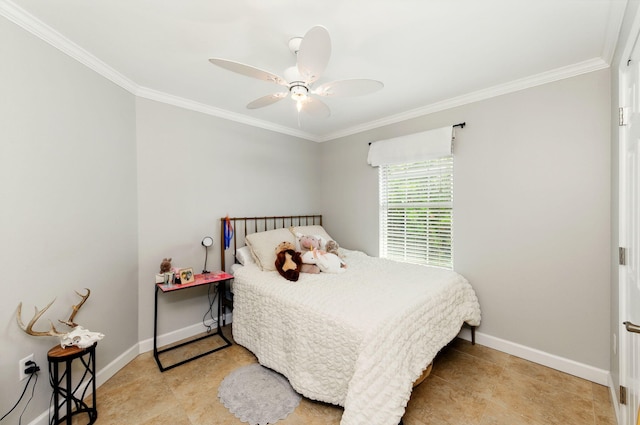 bedroom featuring ceiling fan, baseboards, crown molding, and light tile patterned floors