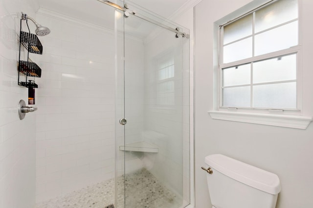 full bathroom featuring a shower stall, ornamental molding, and toilet