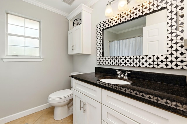 full bath featuring baseboards, crown molding, vanity, and tile patterned floors