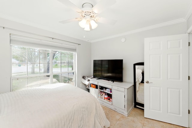bedroom with a ceiling fan, crown molding, and light tile patterned floors