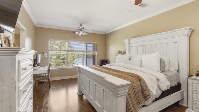 554 Magnolia Lake Dr, Defuniak Springs, FL 32433 - bedroom with baseboards, dark wood-style floors, ornamental molding, an office area, and ceiling fan