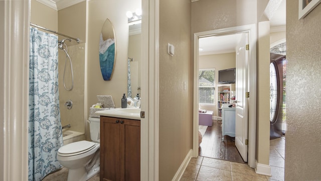 554 Magnolia Lake Dr, Defuniak Springs, FL 32433 - full bathroom with ornamental molding, shower / bathtub combination with curtain, toilet, vanity, and tile patterned floors