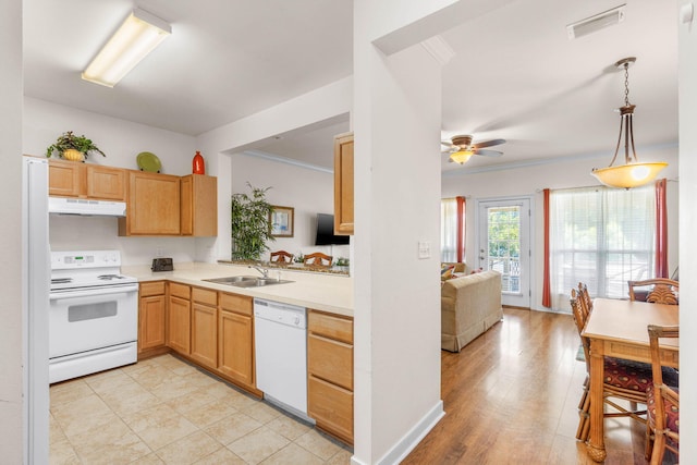 387 Twin Lakes Ln, Destin, FL 32541 - kitchen with white appliances, under cabinet range hood, a sink, light countertops, and ornamental molding