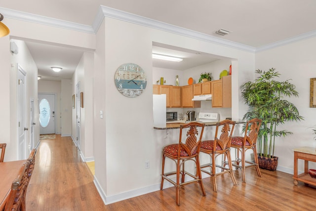 387 Twin Lakes Ln, Destin, FL 32541 - kitchen featuring under cabinet range hood, light wood-style floors, a kitchen breakfast bar, baseboards, and ornamental molding