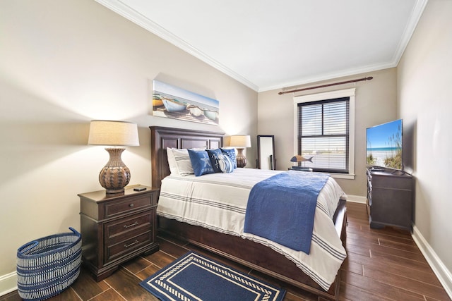 bedroom featuring dark wood-type flooring, ornamental molding, and baseboards