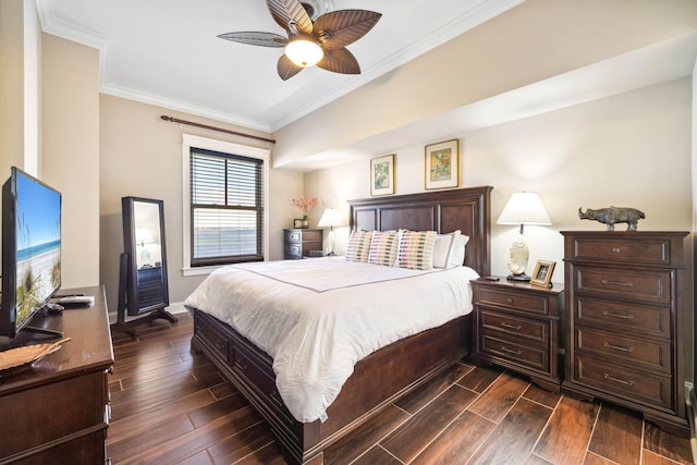 bedroom with crown molding, dark wood-style floors, ceiling fan, and baseboards