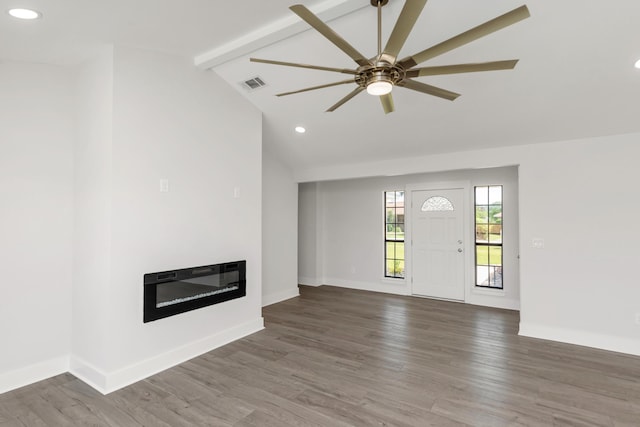 197 Kel-Wen Circle Kel-Wen, Destin, FL 32541 - unfurnished living room with a glass covered fireplace, recessed lighting, a ceiling fan, wood finished floors, and baseboards