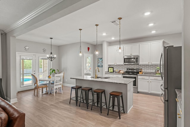 7045 Leisure St, Navarre, FL 32566 - kitchen with stainless steel appliances, a sink, tasteful backsplash, white cabinetry, and recessed lighting