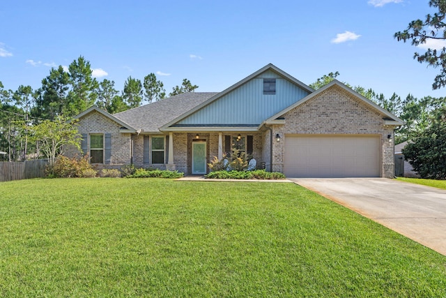 7045 Leisure St, Navarre, FL 32566 - view of front facade with a garage, brick siding, driveway, and a porch