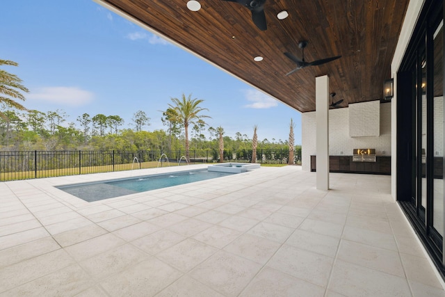 724 Windsong Dr, Inlet Beach, FL 32461 - view of swimming pool featuring a ceiling fan, fence, a patio, area for grilling, and a pool with connected hot tub