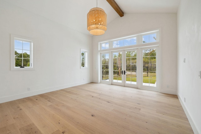 724 Windsong Dr, Inlet Beach, FL 32461 - unfurnished room with high vaulted ceiling, light wood-type flooring, french doors, beamed ceiling, and baseboards