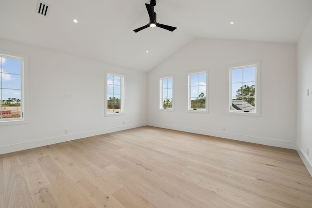 724 Windsong Dr, Inlet Beach, FL 32461 - unfurnished room featuring light wood finished floors, baseboards, visible vents, lofted ceiling, and ceiling fan