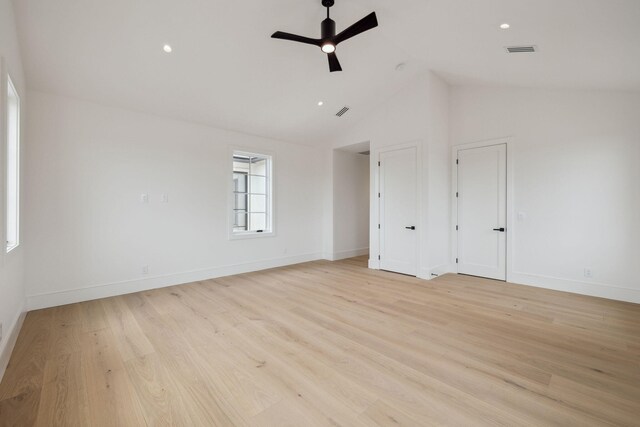724 Windsong Dr, Inlet Beach, FL 32461 - unfurnished room with visible vents, a ceiling fan, light wood-style floors, baseboards, and high vaulted ceiling