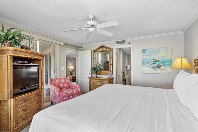 bedroom featuring ceiling fan, ornamental molding, and visible vents