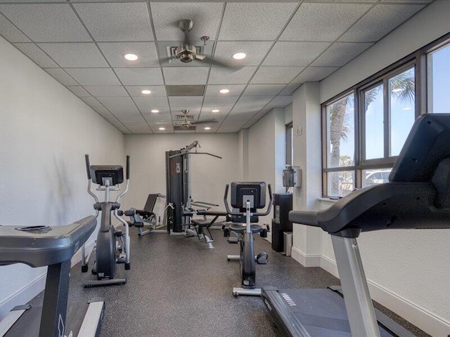 4214 Beachside Two Dr # 214, Miramar Beach, FL 32550 - exercise room featuring a paneled ceiling, baseboards, and recessed lighting