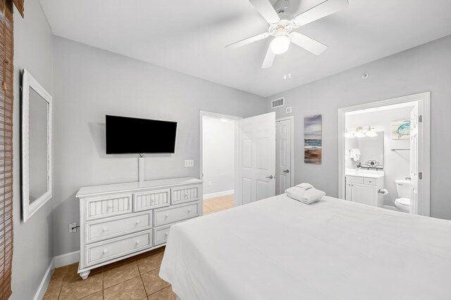 16819 Front Beach Rd Unit 1110, Panama City Beach, FL 32413 - bedroom with baseboards, ceiling fan, visible vents, light tile patterned flooring, and connected bathroom
