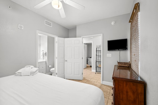 16819 Front Beach Rd Unit 1110, Panama City Beach, FL 32413 - bedroom with ensuite bathroom, visible vents, ceiling fan, light tile patterned floors, and baseboards