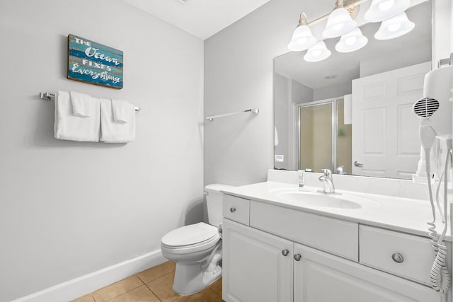 16819 Front Beach Rd Unit 1110, Panama City Beach, FL 32413 - bathroom featuring toilet, vanity, tile patterned flooring, a shower stall, and baseboards