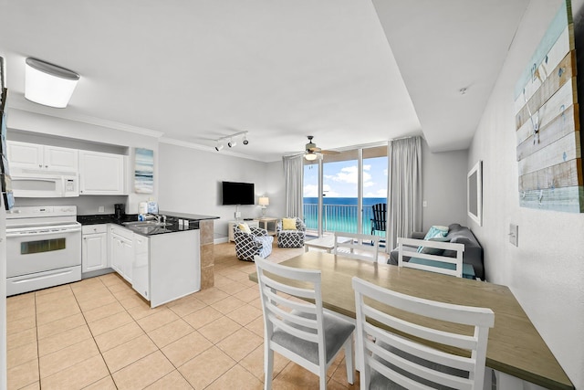 16819 Front Beach Rd Unit 1110, Panama City Beach, FL 32413 - kitchen featuring rail lighting, a peninsula, white appliances, and open floor plan