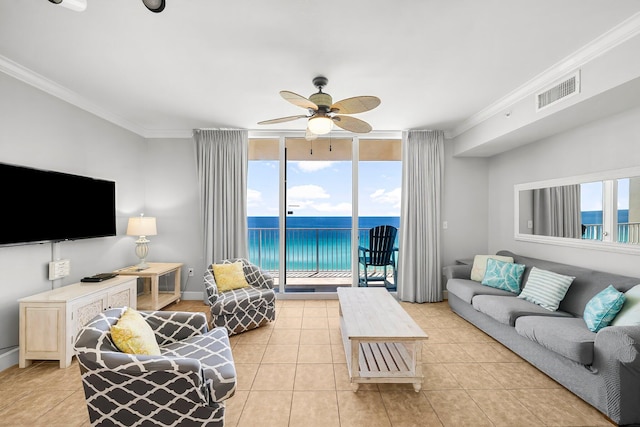 16819 Front Beach Rd Unit 1110, Panama City Beach, FL 32413 - living room featuring light tile patterned floors, a ceiling fan, and ornamental molding