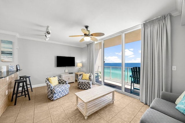 16819 Front Beach Rd Unit 1110, Panama City Beach, FL 32413 - living area with a ceiling fan, floor to ceiling windows, light tile patterned flooring, track lighting, and crown molding