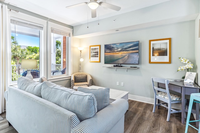 9200 Baytowne Wharf Blvd Unit 441, Miramar Beach, FL 32550 - living room with healthy amount of natural light, dark wood-type flooring, ceiling fan, and baseboards