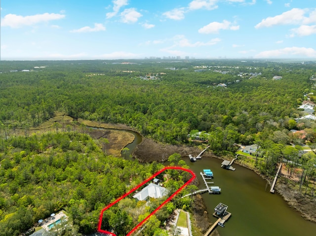135 Bayou Point Dr, Santa Rosa Beach, FL 32459 - bird's eye view featuring a wooded view and a water view