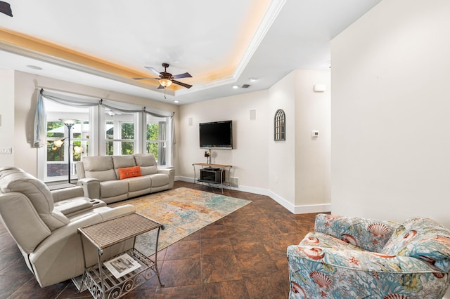 135 Bayou Point Dr, Santa Rosa Beach, FL 32459 - living area with baseboards, recessed lighting, stone finish flooring, ceiling fan, and a raised ceiling