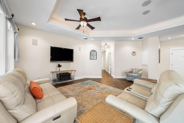 135 Bayou Point Dr, Santa Rosa Beach, FL 32459 - living area with recessed lighting, a raised ceiling, a ceiling fan, crown molding, and baseboards
