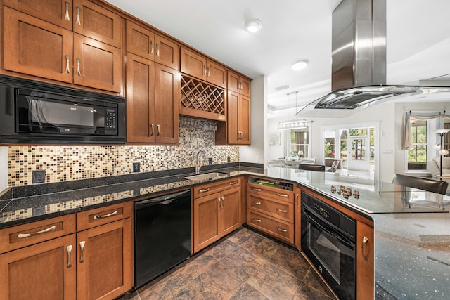 135 Bayou Point Dr, Santa Rosa Beach, FL 32459 - kitchen featuring island exhaust hood, black appliances, brown cabinets, and a sink